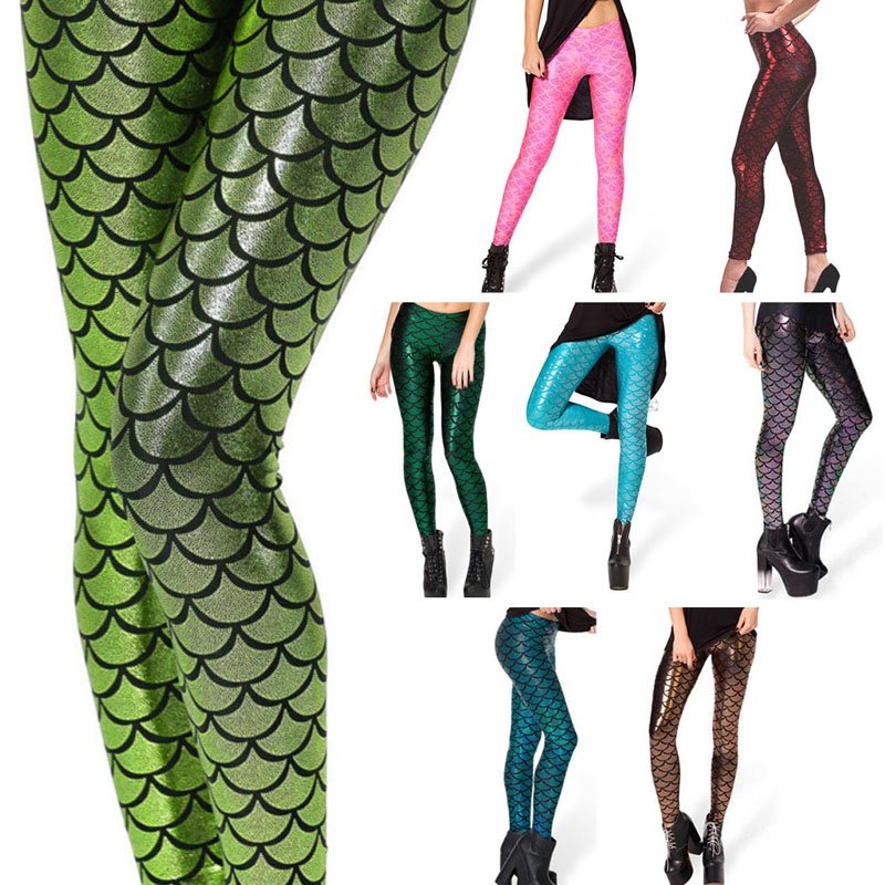 Womens Mermaid Fish Scale Printing Slim Leggings (Size L)7.6568